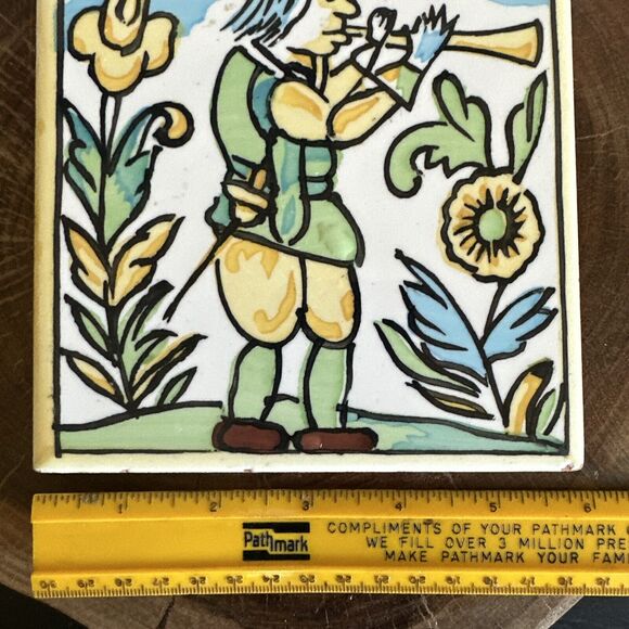 CEDOLESA Art Tile Made in Spain Man with Flute 6" x 6" Colorful Painted - Picture 6 of 8